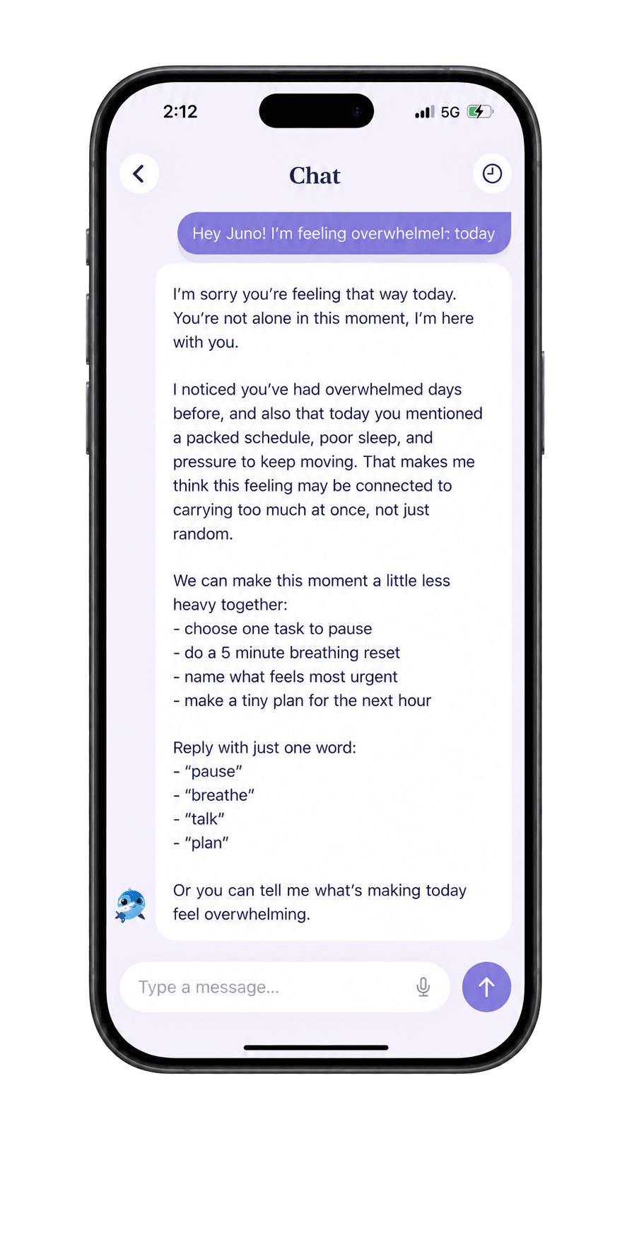 Juno chat showing a gentle reply about feeling overwhelmed.