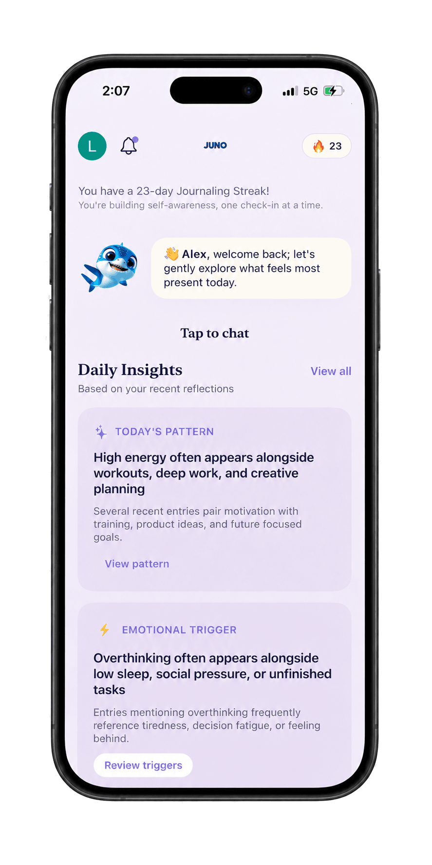 Juno home screen with mascot, journaling streak, and Daily Insights cards.