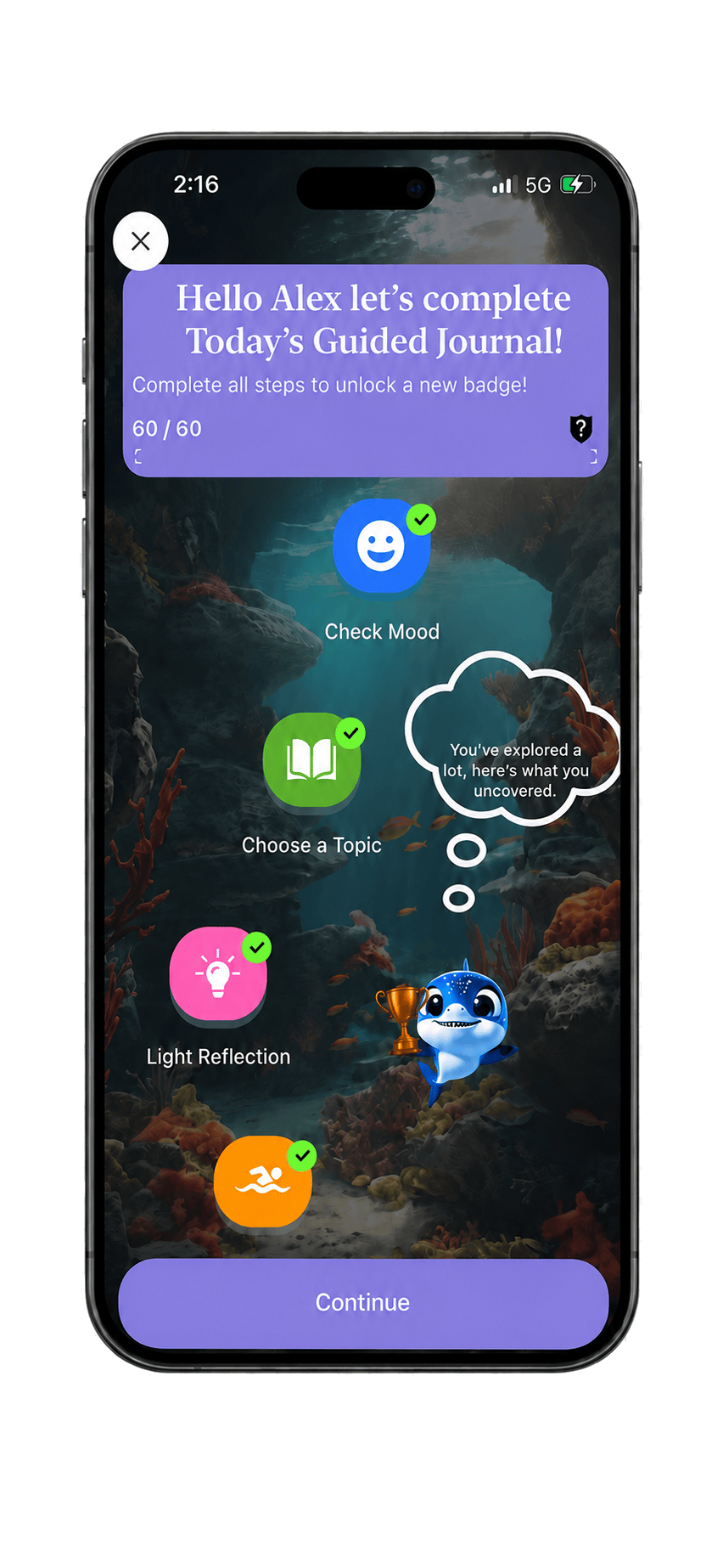 Juno Guided Journal with a coral-reef backdrop, showing mood check, topic and light reflection steps.