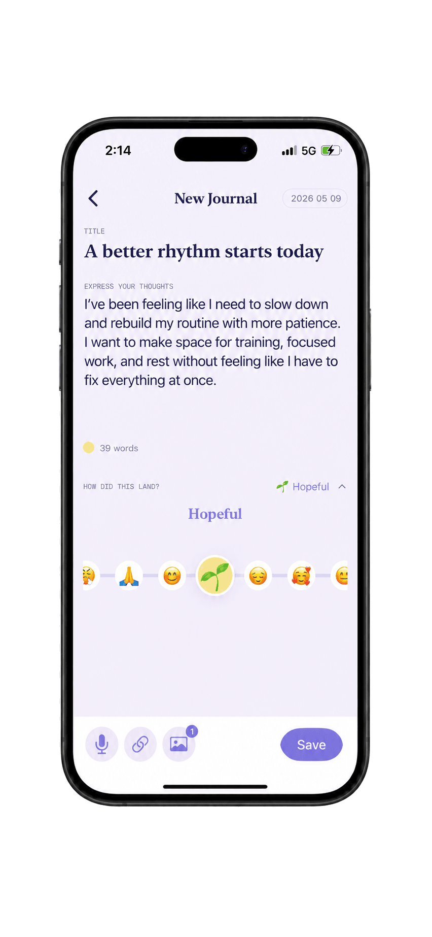 Juno New Journal entry titled 'A better rhythm starts today' with a Hopeful mood chip selected.