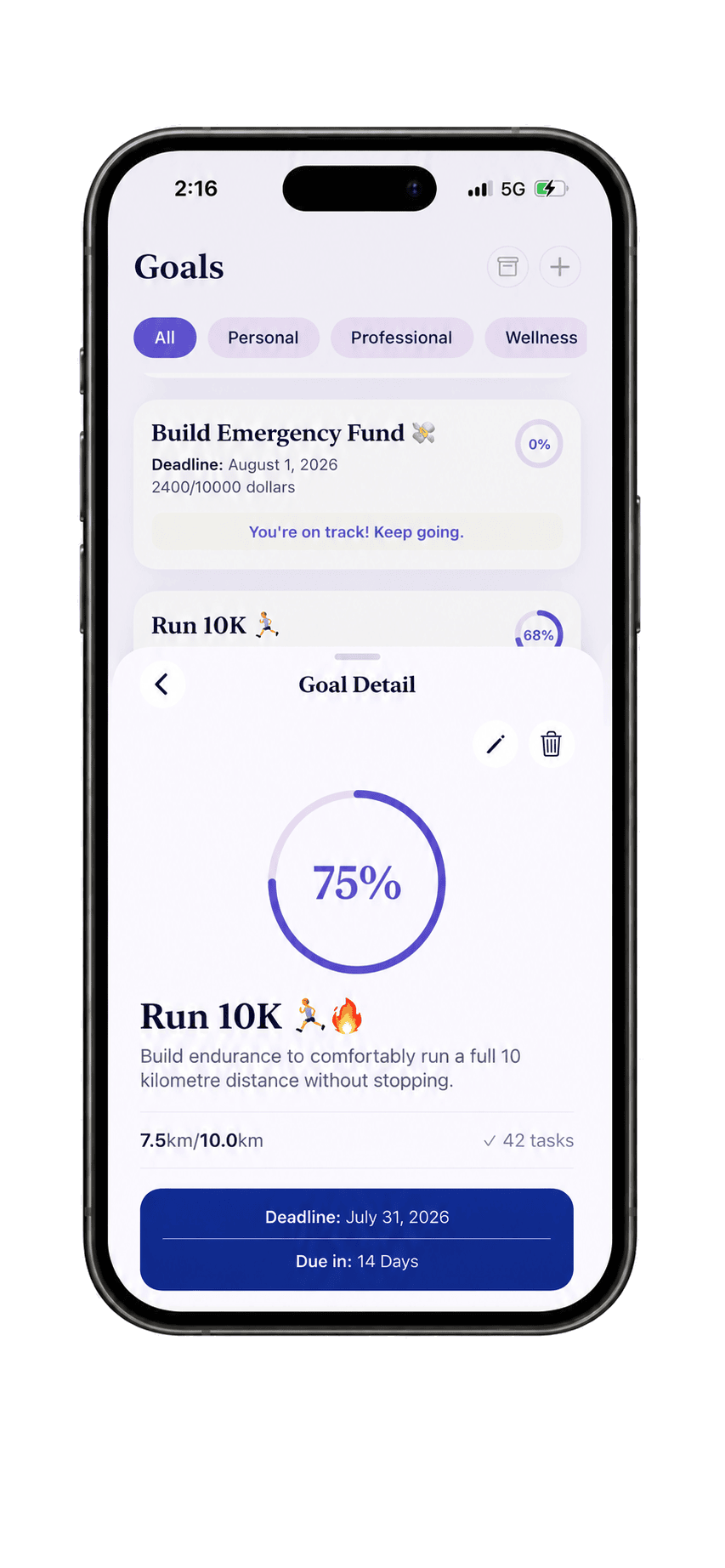 Juno Goal Detail screen for 'Run 10K' showing 75% progress with a journaling-streak flame.