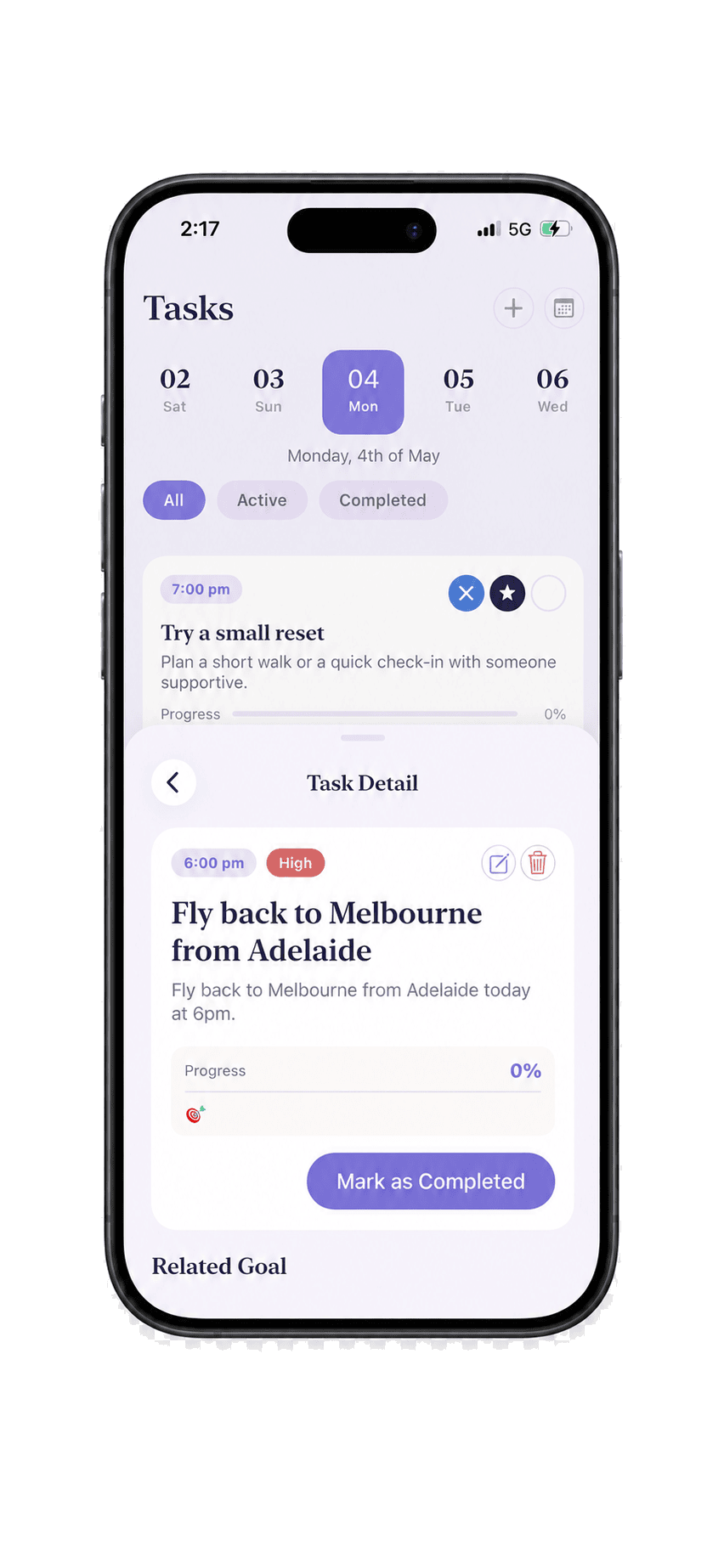 Juno Tasks weekly view with one task selected and a 'Mark as Completed' button.